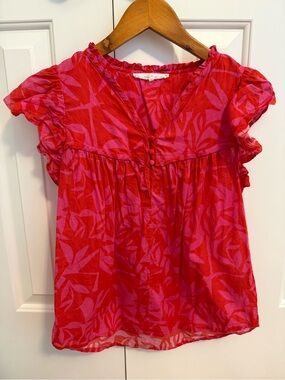 Melissa Nepton Red and Pink Ruffle Sleeve Top Blouse Size XS